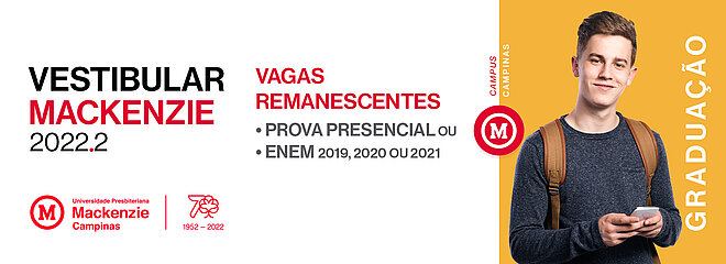 Banner de inscrições abertas para o vestibular Mackenzie Campinas de vagas remanescentes.